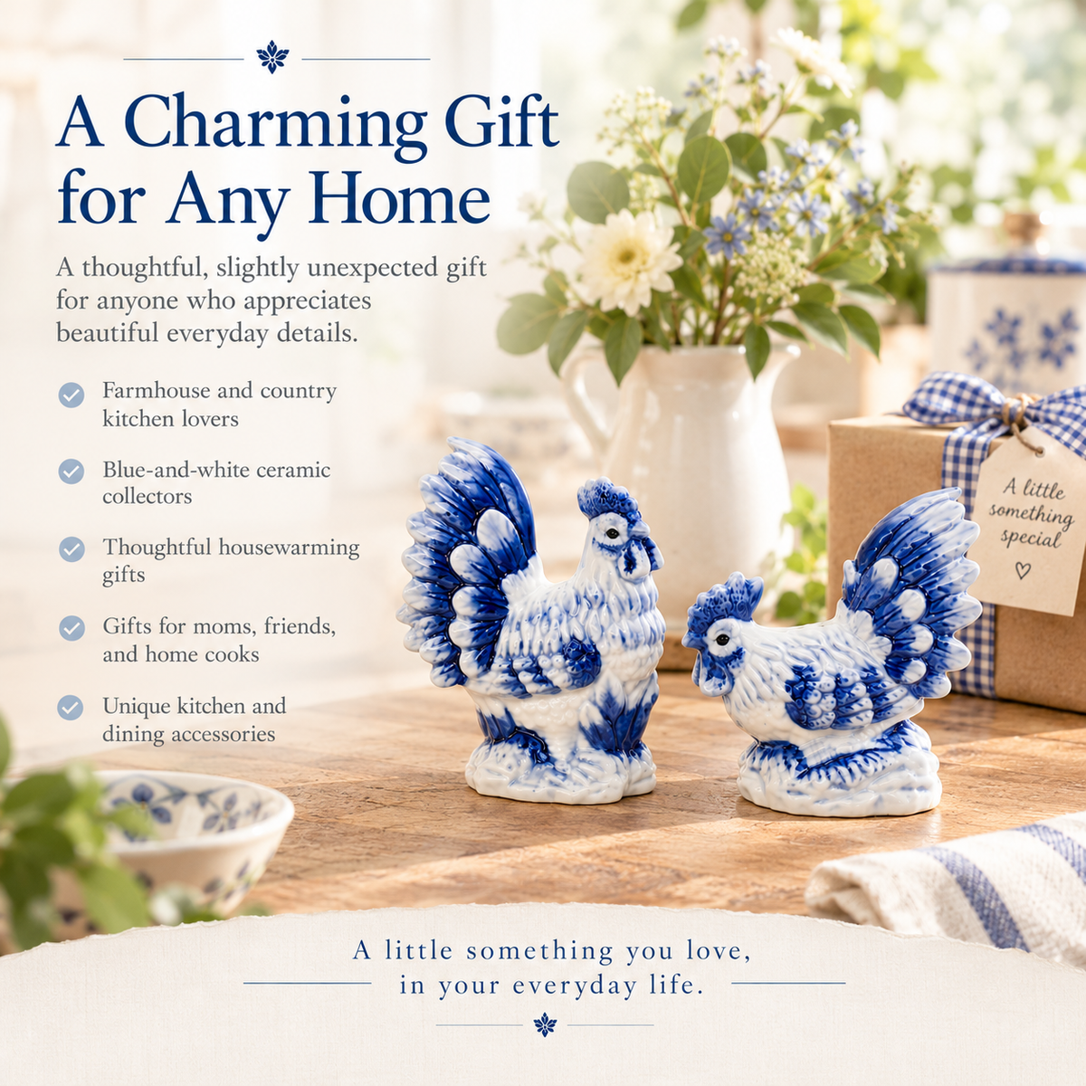 Dutch Blue Rooster & Hen Salt and Pepper Shakers – Blue and White Ceramic Farmhouse Kitchen Décor, Fall Decor, Gift for Mom