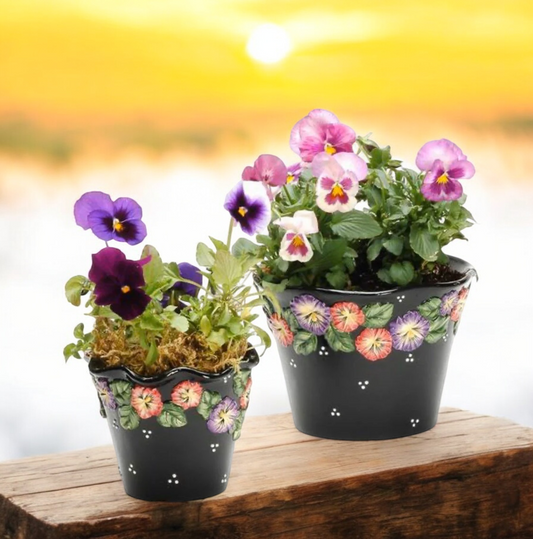 Ceramic Pansy Flower Black Planters (Set of 2), Garden Decor, Gift for Her, Gift for Mom