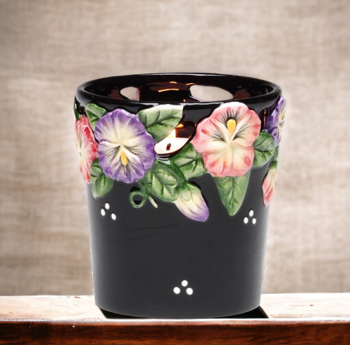 Ceramic Pansy Flower Black Votive Candle Holder with Glass Cup, Home Décor, Gift for Her, Gift for Mom, Kitchen Décor, Bathroom Decor