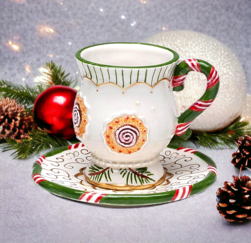 Ceramic Christmas Cup and Saucer Tree Ornament, Home Décor, Gift for Her, Gift for Mom, Kitchen Décor, Christmas Décor