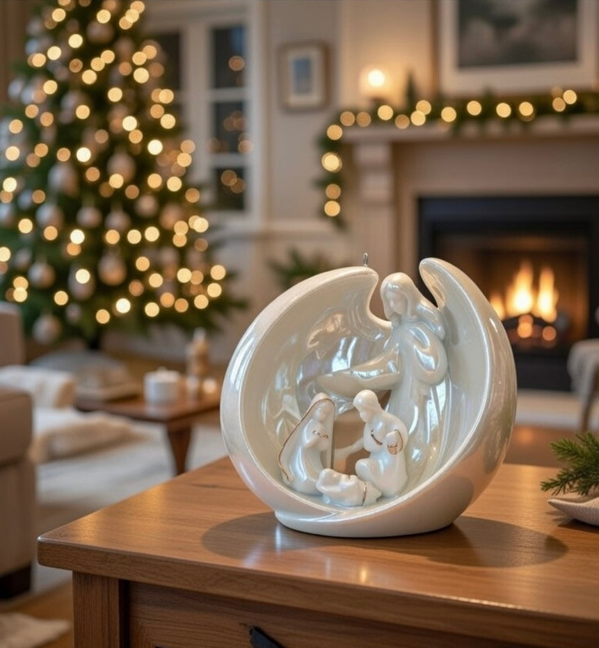 Ceramic Christmas Decor Guardian Angel With Holy Family Ornament, Home Décor, Religious Décor, Religious Gift, Church Décor, Baptism Gift