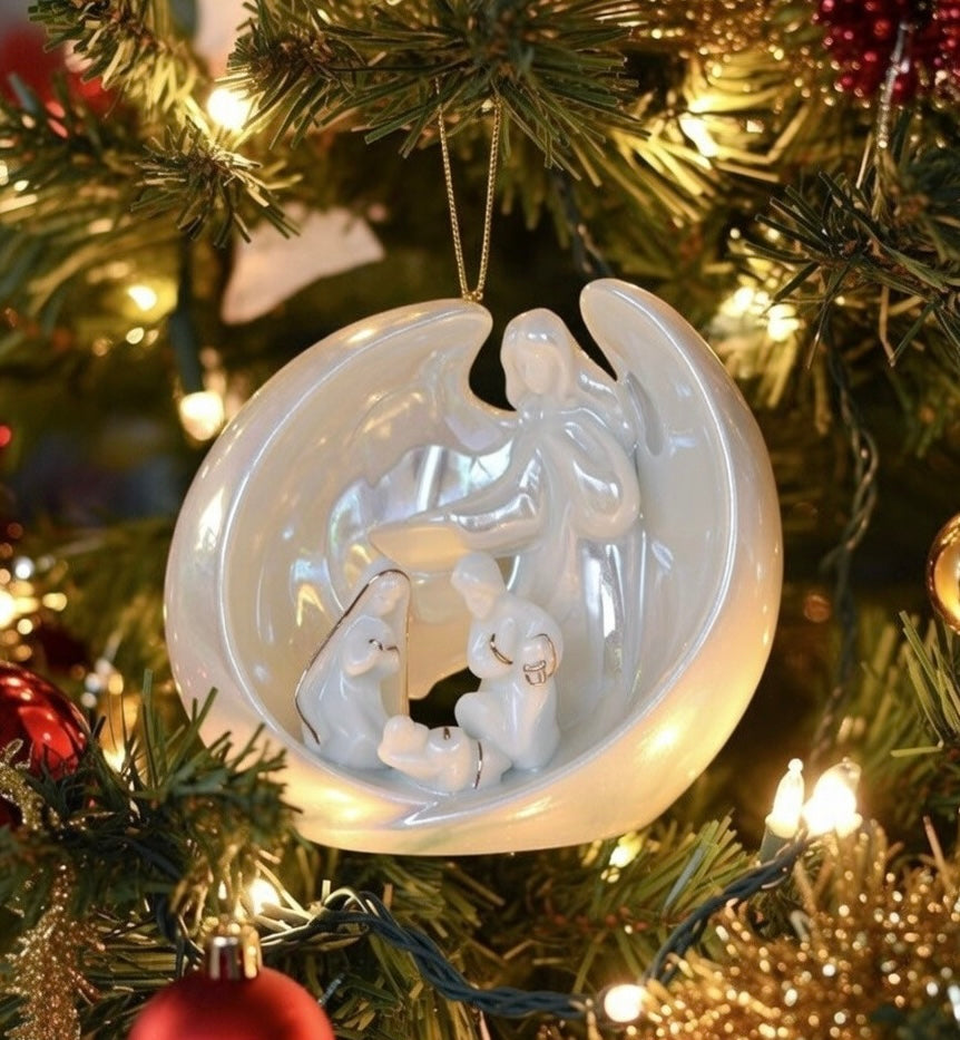 Ceramic Christmas Decor Guardian Angel With Holy Family Ornament, Home Décor, Religious Décor, Religious Gift, Church Décor, Baptism Gift