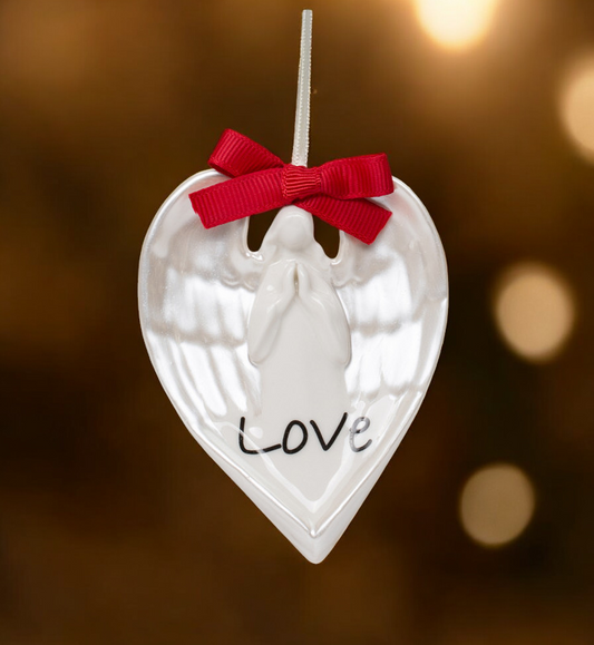 Ceramic Heart Shaped Angel Ornament - Love, Christmas Tree Decor, Religious Decor