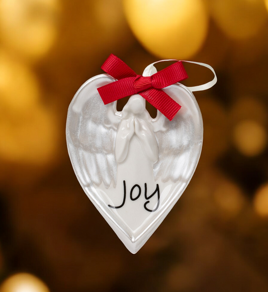 Ceramic Heart Shaped Angel Ornament - Joy, Christmas Tree Decor, Religious Decor