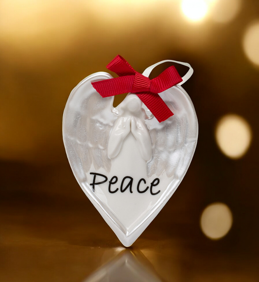 Ceramic Heart Shaped Angel Ornament - Peace, Christmas Tree Decor, Religious Decor