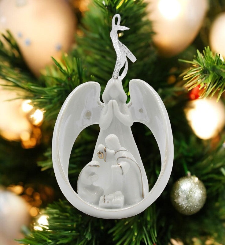 Ceramic Angel With Holy Family Nativity Light Cover Ornament, Home Décor, Religious Décor, Religious Gift, Church Décor, Baptism Gift