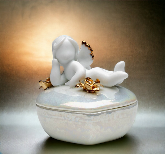 Ceramic Cherub Angel Heart Jewelry Box, Home Décor, Religious Décor, Religious Gift, Church Décor, Baptism Gift