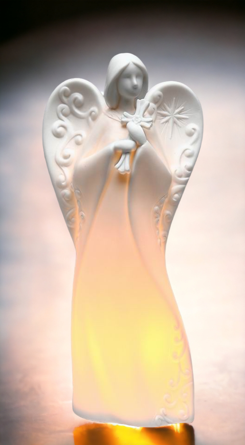 Ceramic Angel Holding Cross Night Light, Home Décor, Religious Décor, Religious Gift, Church Décor, Baptism Gift