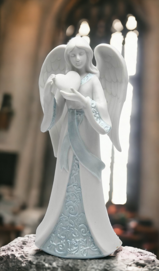 Ceramic Angel With Heart Figurine, Home Décor, Religious Décor, Religious Gift, Church Décor, Baptism Gift