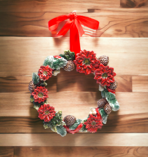 Ceramic Poinsettia Flowers with Pinecones Wreath With Red Ribbon, Home Décor, Gift for Her, Gift for Mom, Kitchen Décor, Christmas Décor