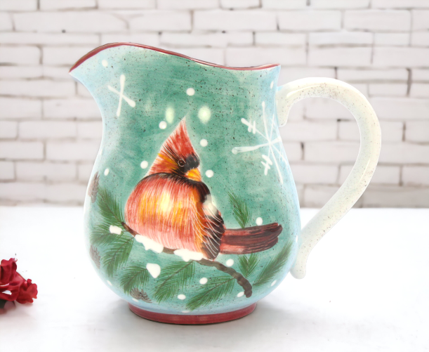 Ceramic Cardinal Bird Christmas Pitcher, Home Décor, Gift for Her, Gift for Mom, Kitchen Décor, Christmas Décor