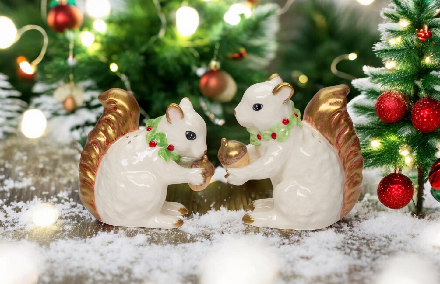 Ceramic White and Gold Squirrels Eating Acorns Salt and Pepper Shakers, Christmas Decor, Nature Lover Gift