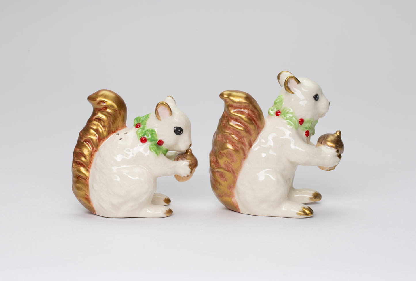 Ceramic White and Gold Squirrels Eating Acorns Salt and Pepper Shakers, Christmas Decor, Nature Lover Gift