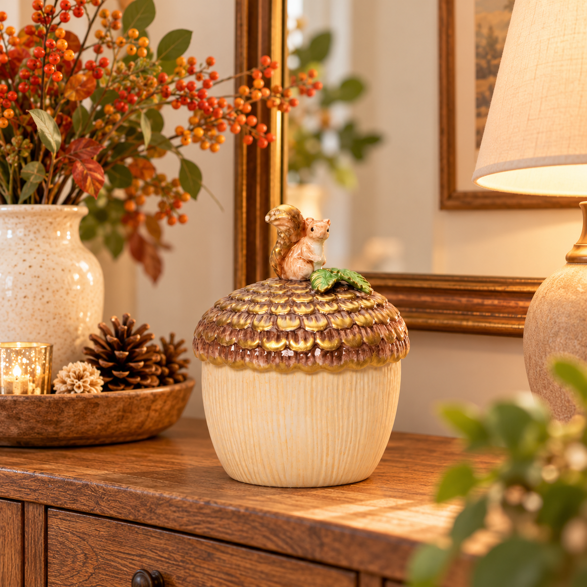 Ceramic Acorn Candy Jar with Squirrel Lid – Fall Woodland Décor, Farmhouse Kitchen Accent & Gift