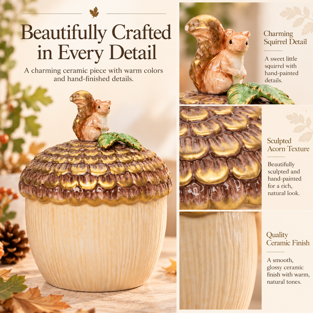Ceramic Acorn Candy Jar with Squirrel Lid – Fall Woodland Décor, Farmhouse Kitchen Accent & Gift