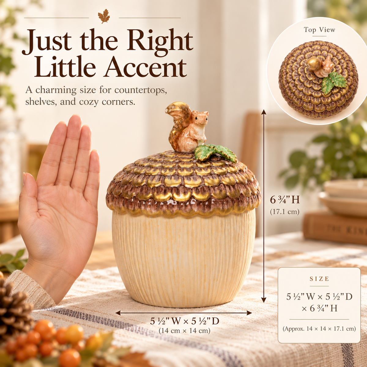 Ceramic Acorn Candy Jar with Squirrel Lid – Fall Woodland Décor, Farmhouse Kitchen Accent & Gift