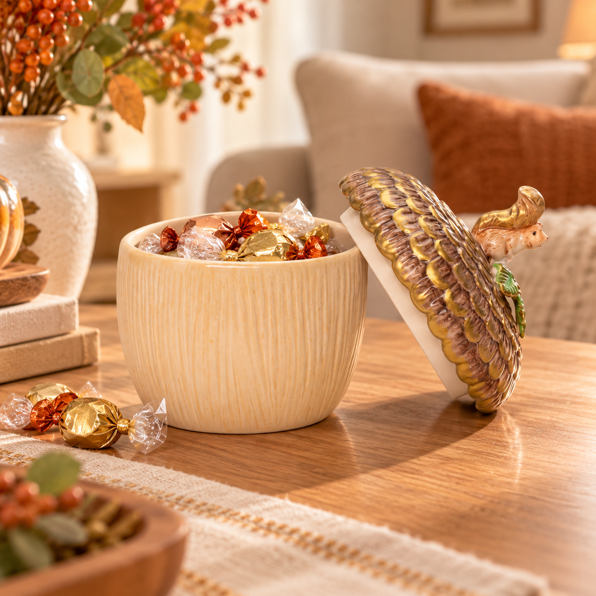 Ceramic Acorn Candy Jar with Squirrel Lid – Fall Woodland Décor, Farmhouse Kitchen Accent & Gift