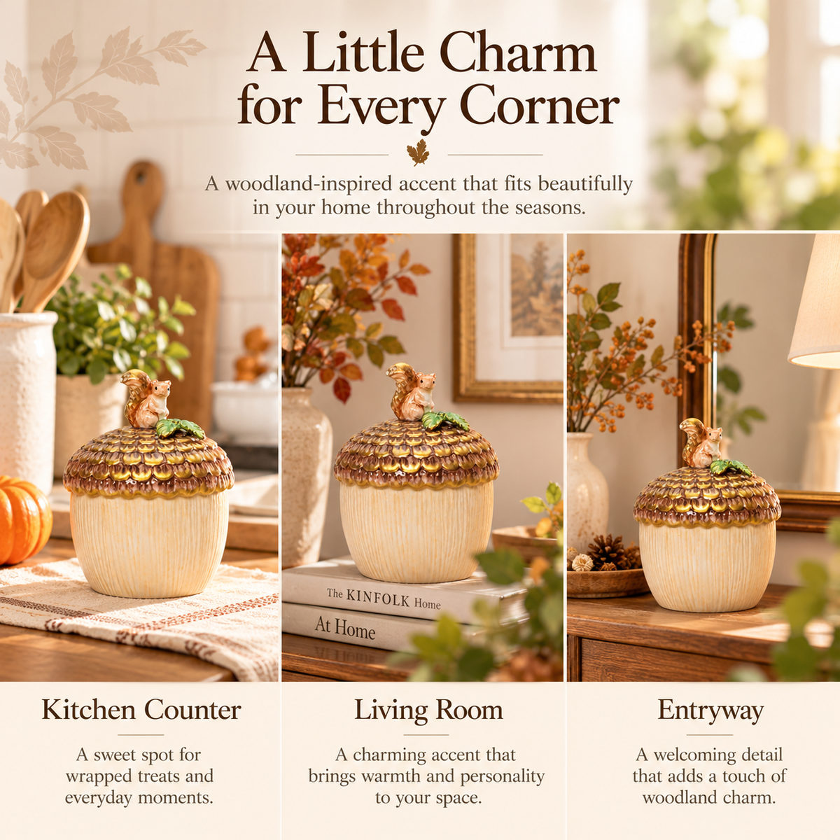 Ceramic Acorn Candy Jar with Squirrel Lid – Fall Woodland Décor, Farmhouse Kitchen Accent & Gift
