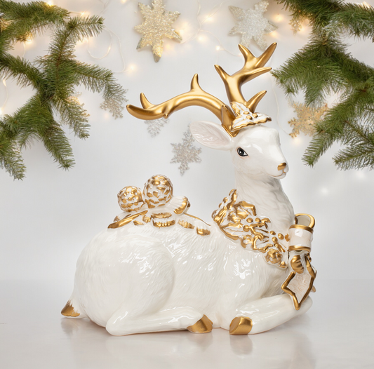 Ceramic Sitting Reindeer With Gold Accent, Christmas Decor, Gift for Mom