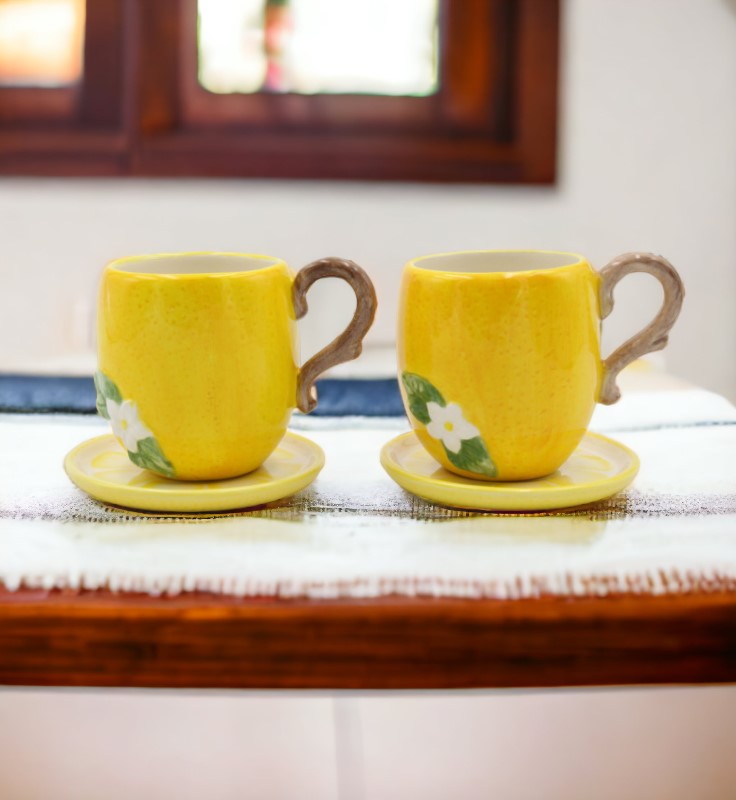 Ceramic Lemon Cup And Saucer Set-2 Sets, Gift for Her, Gift for Mom, Gift for Friend or Coworker, Tea Party Décor, Café Decor