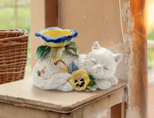 Ceramic White Cat with Pansy Flowers Tealight Candle Holder, Cat Lover Gift, Gift for Her, Gift for Mom