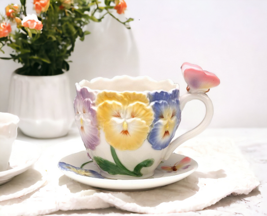 Ceramic Pansy flower with butterfly cup and saucer, Gift for Her, Gift for Mom, Gift for Friend or Coworker, Tea Party Décor, Café Decor