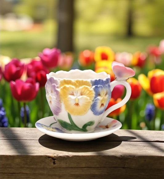 Ceramic Pansy flower with butterfly cup and saucer, Gift for Her, Gift for Mom, Gift for Friend or Coworker, Tea Party Décor, Café Decor