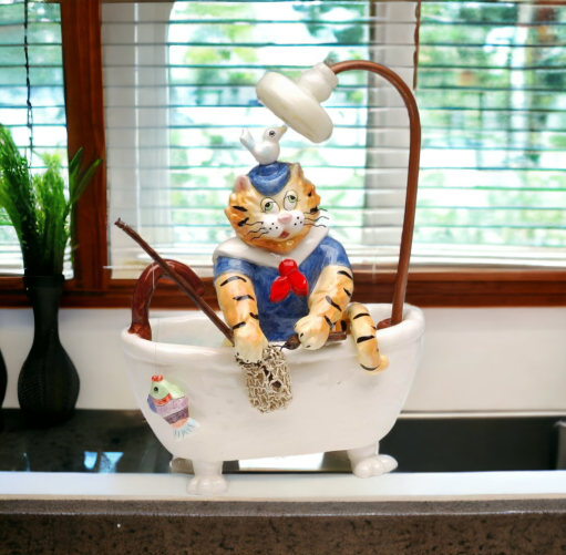 Ceramic Cat Cleaning Bathtub Figurine, Home Décor, Gift for Her, Gift for Mom, Bathroom Décor, Cat Lovers Gift, Pet Loss Gift