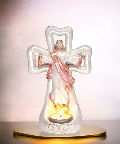Ceramic Jesus with Cross Tealight Candle Holder, Religious Décor, Religious Gift, Church Décor, Church Gift, Baptism Gift