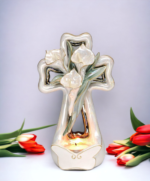 Ceramic Cala Lily Flower with Cross Tealight Candle Holder, Religious Décor, Religious Gift, Church Décor, Church Gift, Baptism Gift