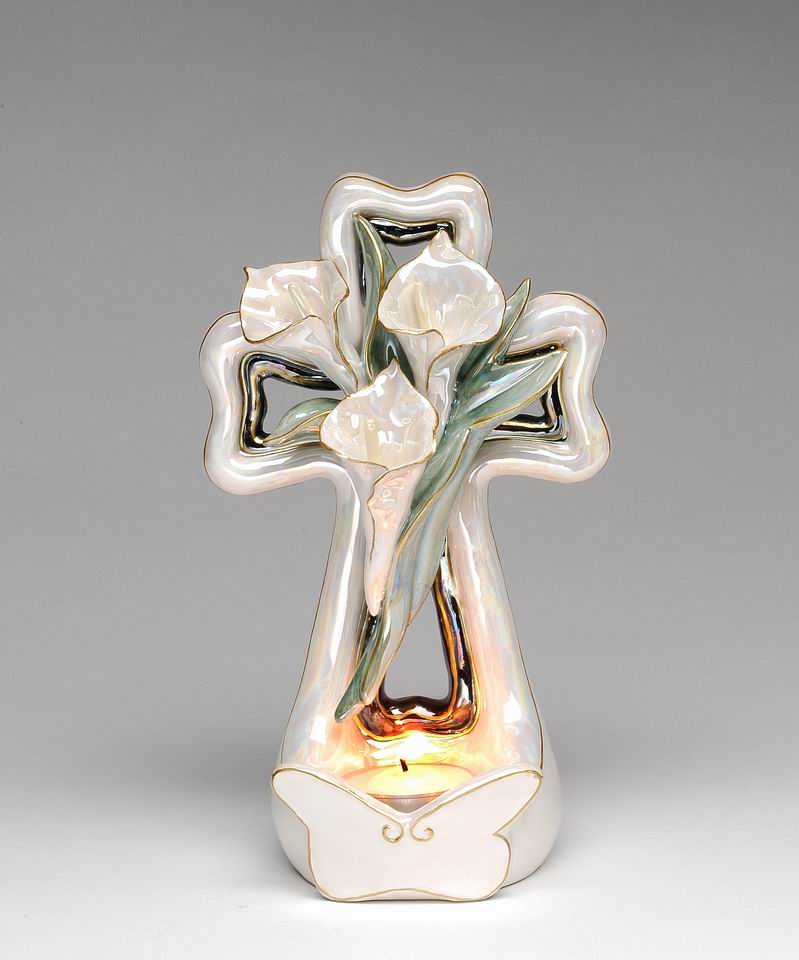 Ceramic Cala Lily Flower with Cross Tealight Candle Holder, Religious Décor, Religious Gift, Church Décor, Church Gift, Baptism Gift