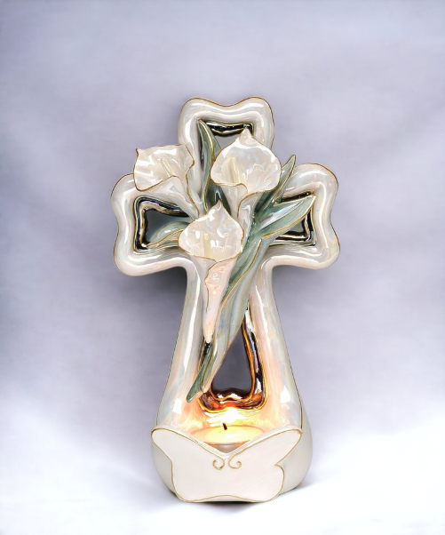 Ceramic Cala Lily Flower with Cross Tealight Candle Holder, Religious Décor, Religious Gift, Church Décor, Church Gift, Baptism Gift