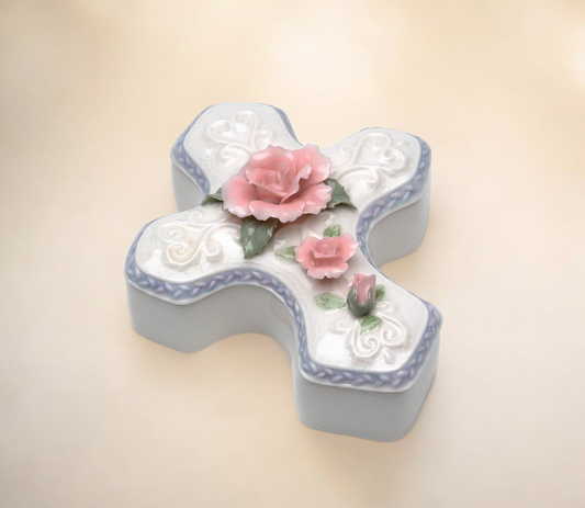 Ceramic Cross Shaped Jewelry Box with Pink Rose Flower, Vanity Decor, Religious Decor or Gift