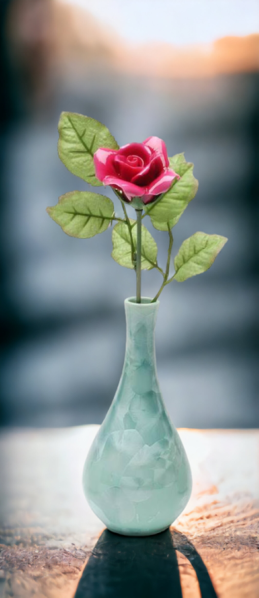 Ceramic Burgundy Rose Flower in Crystallized Green Vase, Valentines Day, Wedding Décor or Gift, Wedding Favor, Anniversary Décor or Gift