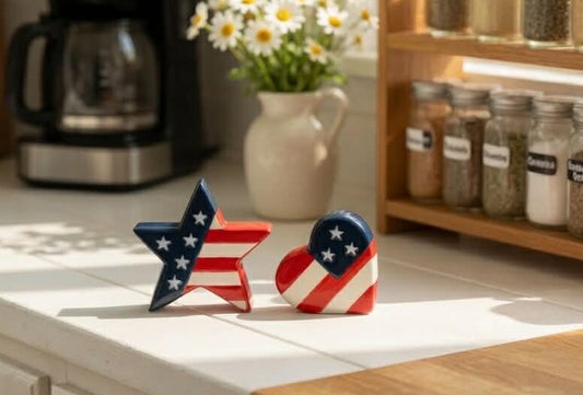 Ceramic Patriotic Flag Salt and Pepper Shakers - Star & Heart Shaped, Gift for Veteran, Patriotic Gift, Independence Day Decor