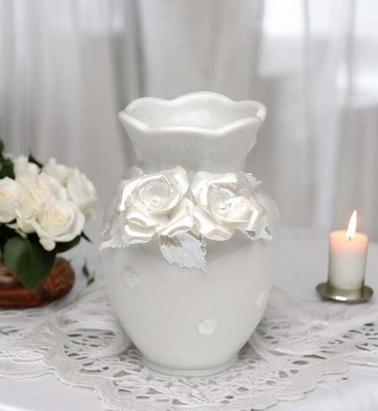 Ceramic White Vase with Rose Flowers, Wedding Decor, Gift for Her, Gift for Mom, Home Decor