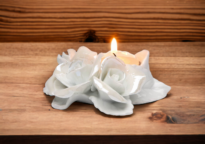 Ceramic White Rose Tealight Candle Holder, Wedding Décor or Gift, Anniversary Décor or Gift, Home Décor, Vanity Decor