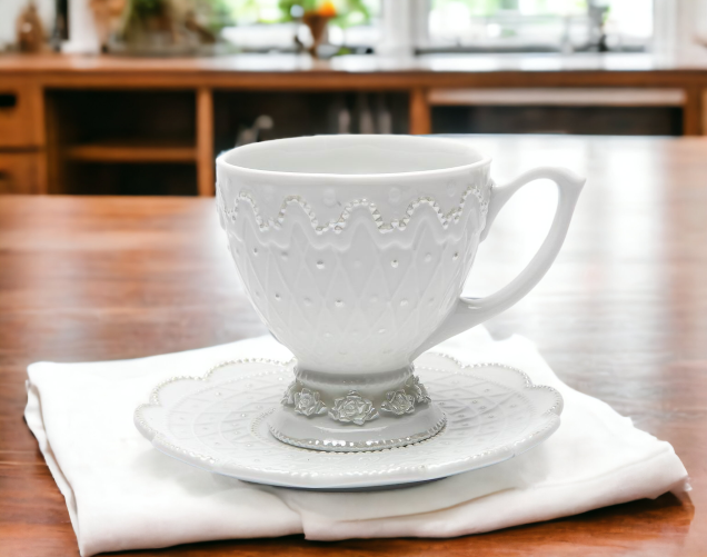 Ceramic White Rose Cup and Saucer, Wedding Décor or Gift, Anniversary Décor or Gift, Home Décor