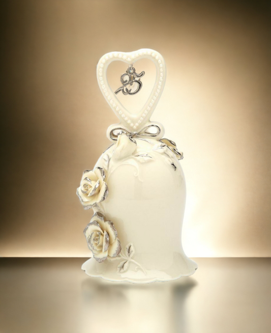 Hand Crafted Ceramic Ivory Rose Bell with Silver Accents-25th Anniversary, Anniversary Décor, Anniversary Gift