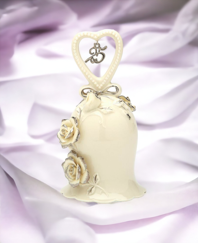 Hand Crafted Ceramic Ivory Rose Bell with Silver Accents-25th Anniversary, Anniversary Décor, Anniversary Gift