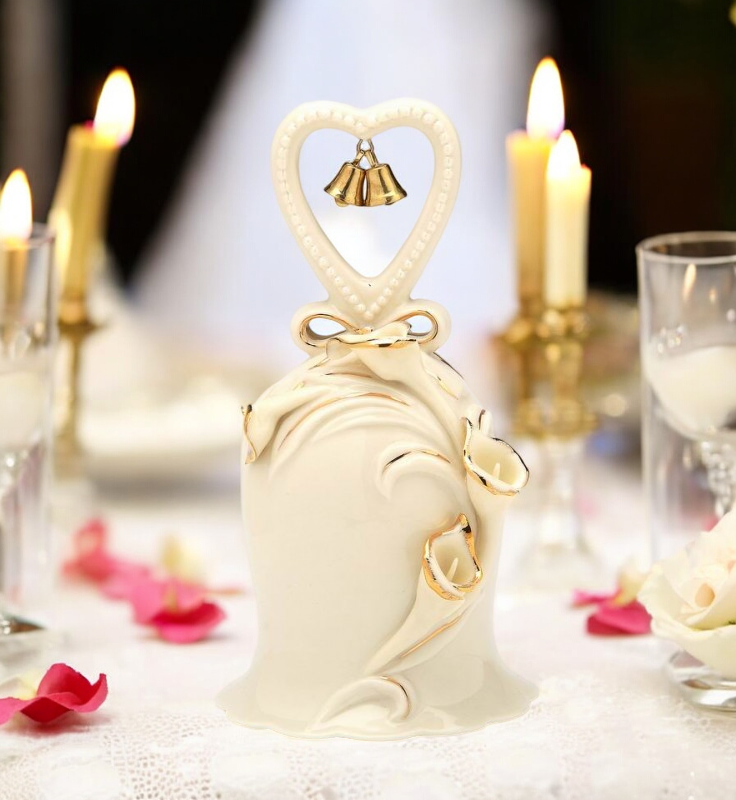 Ivory Ceramic Bell with Calla Lily Flowers and Golden Accents, Wedding Decor, Anniversary Decor