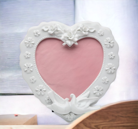 Ceramic Heart Shape Frame with Flowers and White Doves, Wedding Décor or Gift, Anniversary Décor or Gift, Home Décor