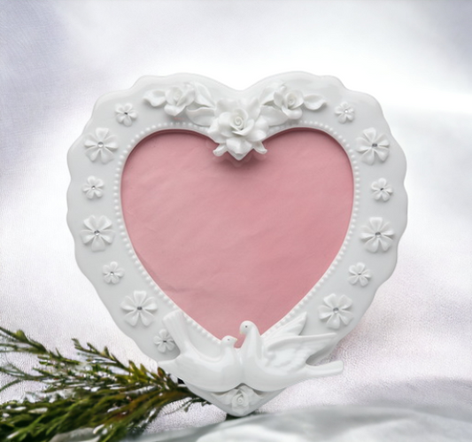 Ceramic Heart Shape Frame with Flowers and White Doves, Wedding Décor or Gift, Anniversary Décor or Gift, Home Décor