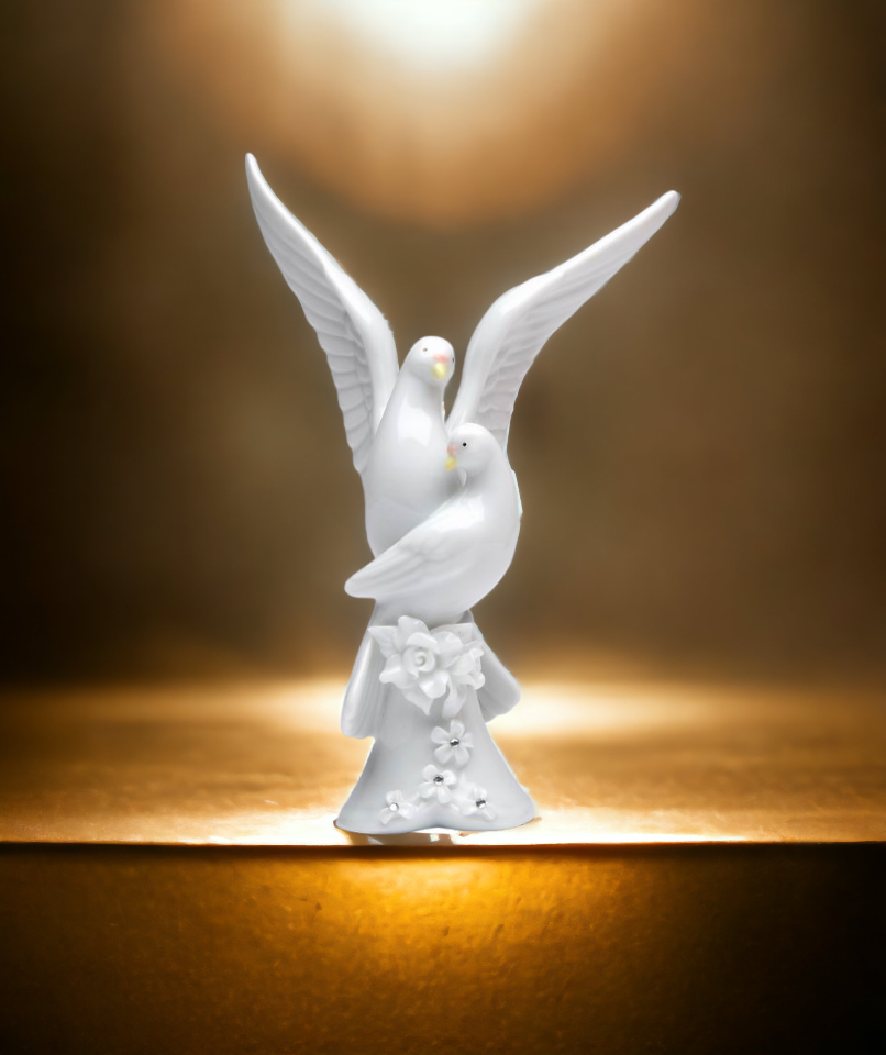 Ceramic Peace Doves with White Rose Flower Figurine, Wedding Décor, Wedding Gift, Wedding Favor, Anniversary Décor, Anniversary Gift