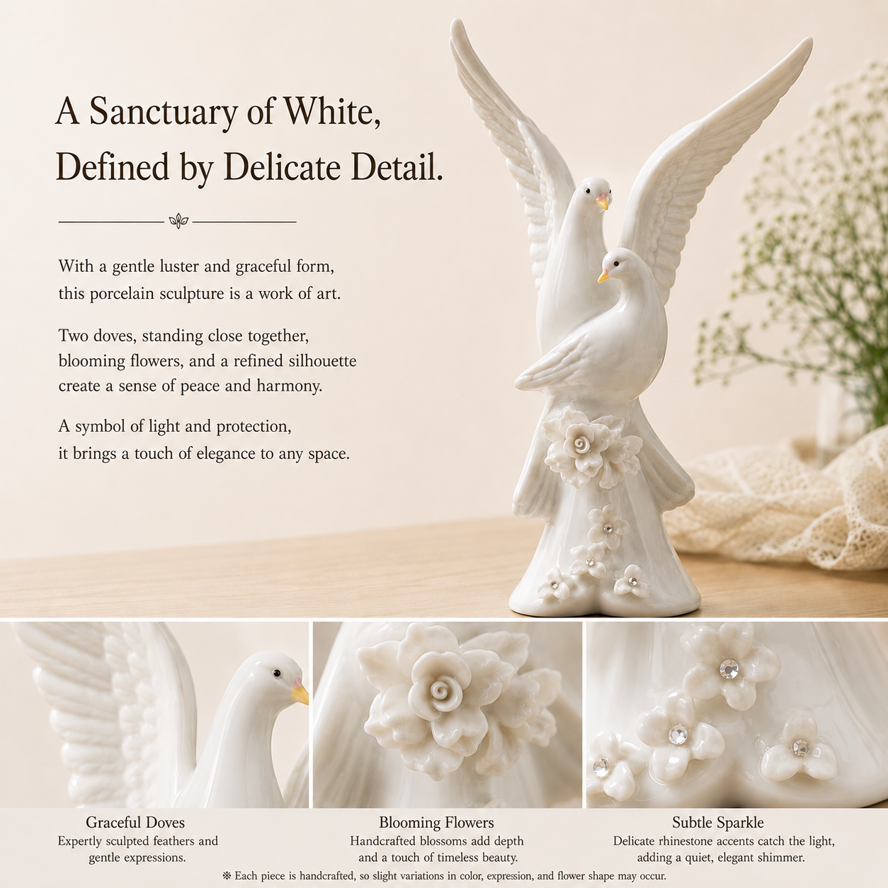 Ceramic Peace Doves & White Rose Figurine, Handpainted Wedding Cake Topper