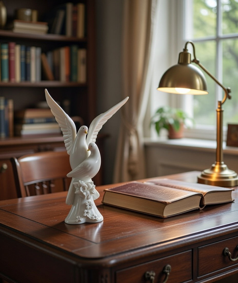 Ceramic Peace Doves with White Rose Flower Figurine, Wedding Décor, Wedding Gift, Wedding Favor, Anniversary Décor, Anniversary Gift