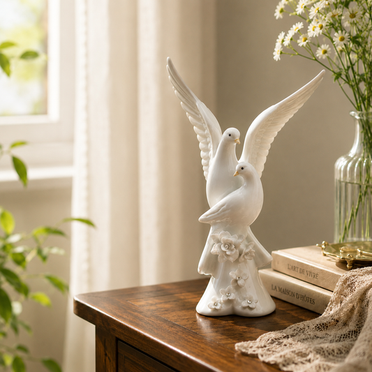 Ceramic Peace Doves & White Rose Figurine, Handpainted Wedding Cake Topper