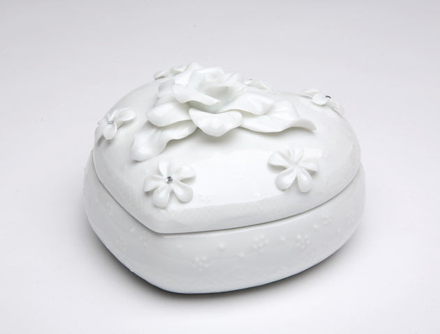 Ceramic White Heart Shaped Jewelry Box with Rose Flower, Wedding Décor or Gift, Anniversary Décor or Gift, Home Décor, Vanity Decor