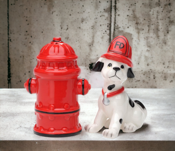 Ceramic Fire Hydrant and Dalmation Dog Salt and Pepper Shakers, Gift for Firefighter, Dog Lover Gift, Home Decor, Fire Station Decor