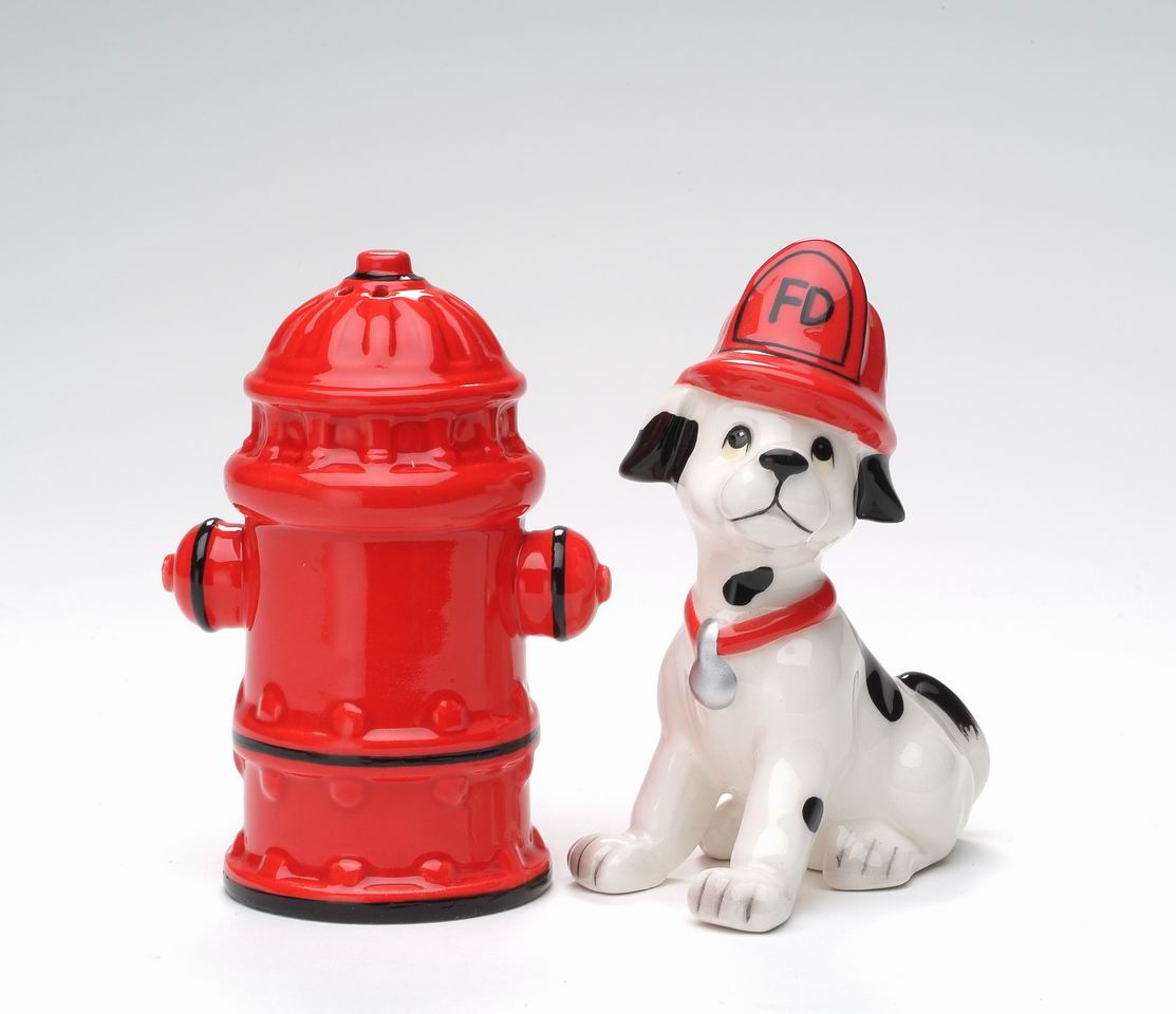 Ceramic Fire Hydrant and Dalmation Dog Salt and Pepper Shakers, Gift for Firefighter, Dog Lover Gift, Home Decor, Fire Station Decor